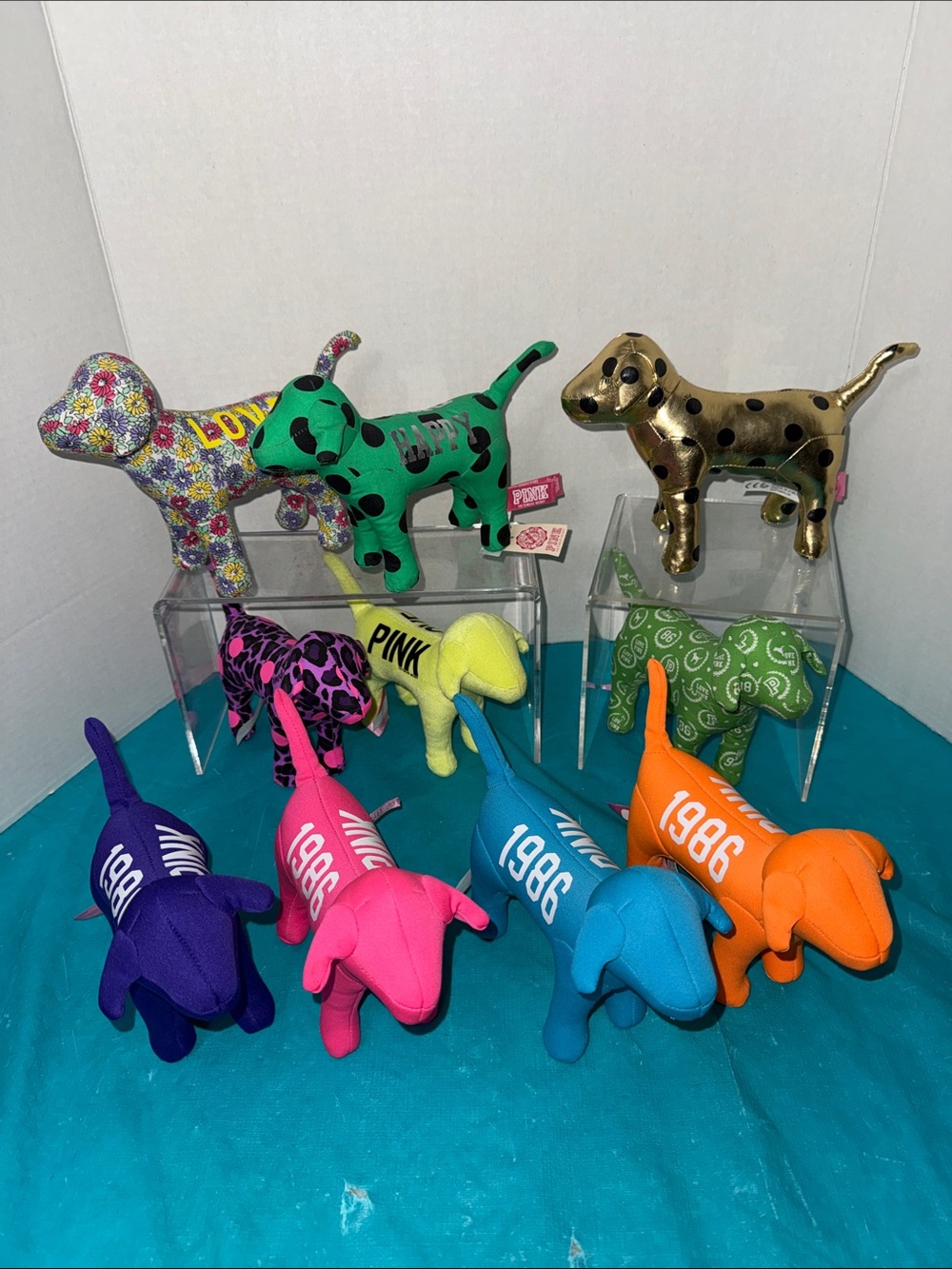 PINK Plush Dog Collection - Bright Multi-Color Decorative Dogs (Set of 10)